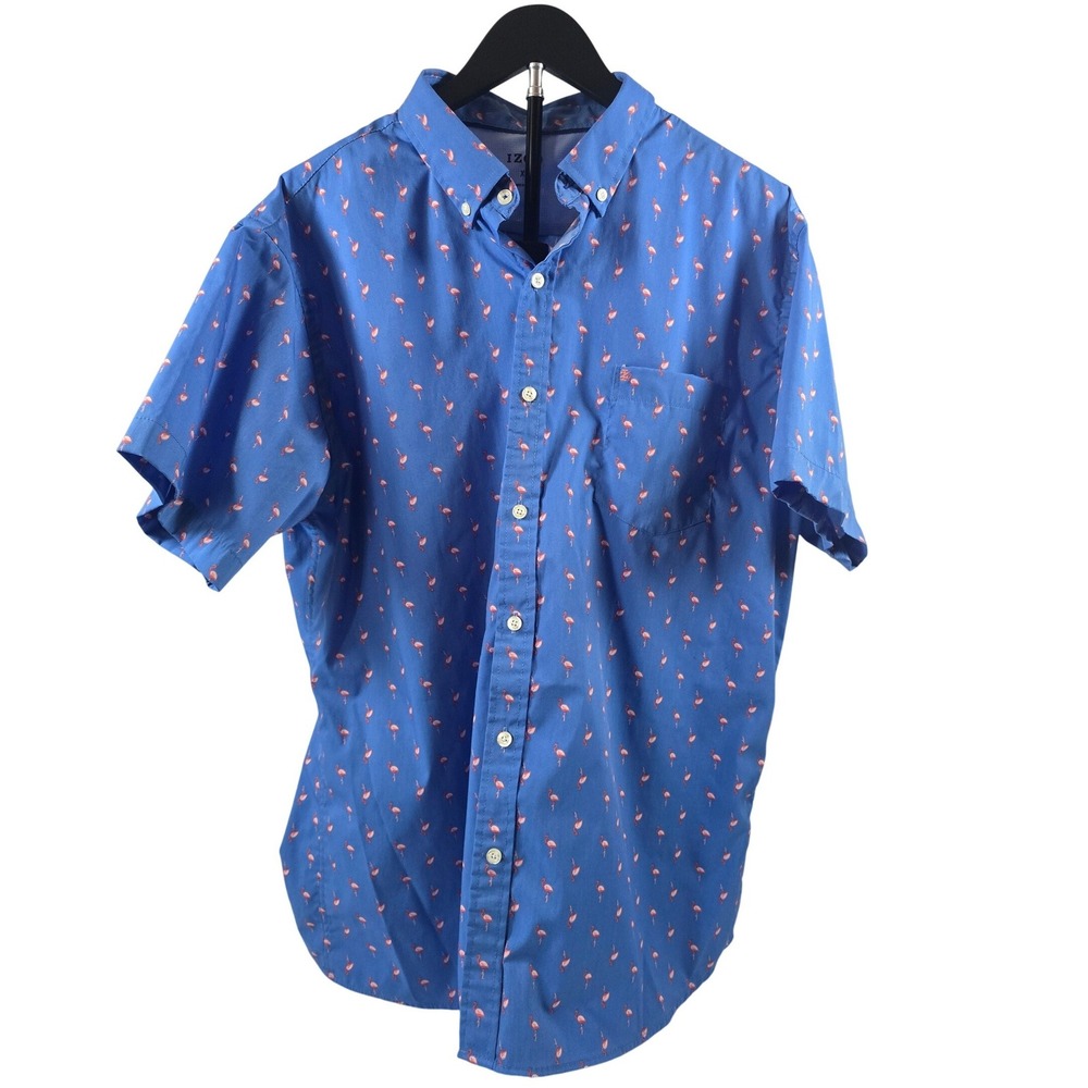 IZOD‎ Mens Blue Flamingo Print Short Sleeve Button Down Shirt XL Tropical Summer